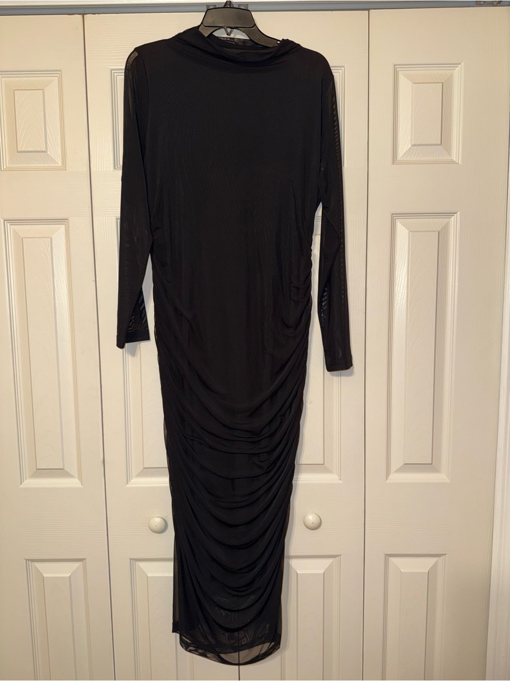 Black Mesh Long Sleeve Ruched Bodycon Maxi Dress